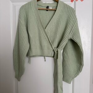 Wrap tie pastel green knit sweater
